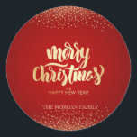 Pegatina Redonda Gold Confetti Red Merry Christmas<br><div class="desc">Confeti de oro y feliz Navidad con fondo rojo.</div>