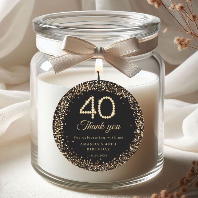 Pegatina Redonda Gold Diamonds 40th Birthday Thank you Sticker (Gold Diamonds 40th Birthday Party Thank you stickers)