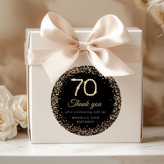 Pegatina Redonda Gold Diamonds 70th Birthday Thank you Sticker (Gold Diamonds 70th Birthday Party thank you stickers)
