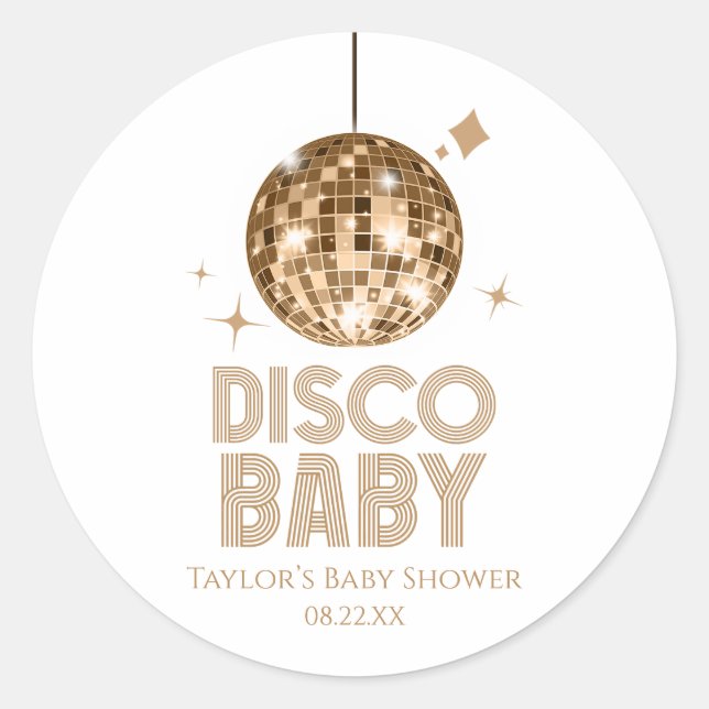 Pegatina Redonda Gold Disco Ball 'Disco Baby' Baby Shower (Anverso)