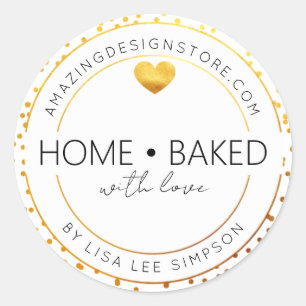 Pegatina Redonda Gold dots Home baked With Love Heart