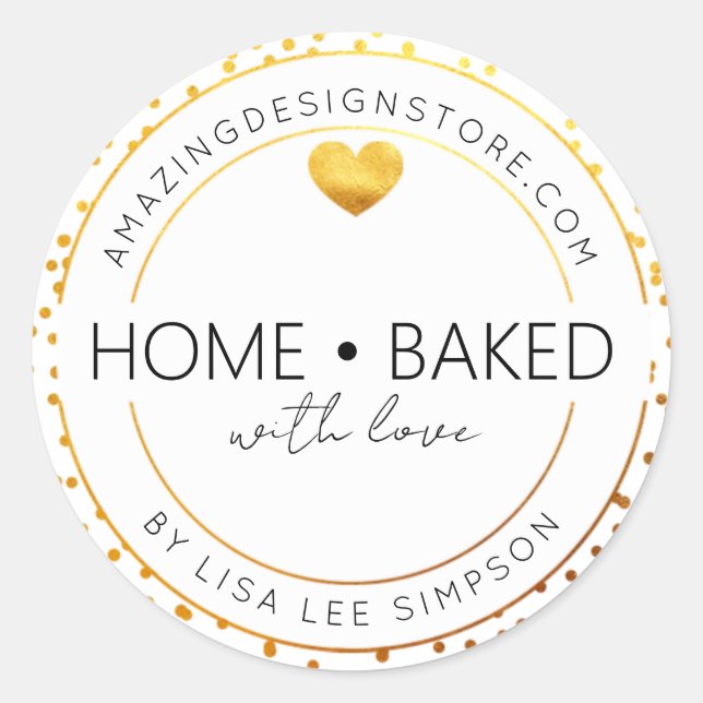 Pegatina Redonda Gold dots Home baked With Love Heart (Anverso)