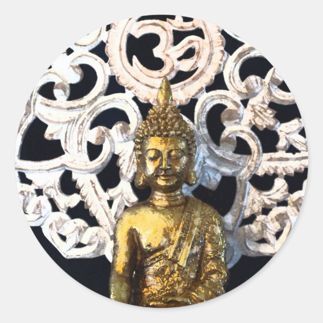Pegatina Redonda Gold Earth Buddha OM Aum Mantra Ajna Medición (Anverso)