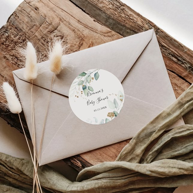 Pegatina Redonda Gold Eucalyptus Calligraphy Baby Shower Favor (Subido por el creador)