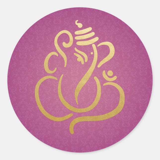 Pegatina Redonda Gold Festive Ganesh | Indian God Damask Purple (Anverso)