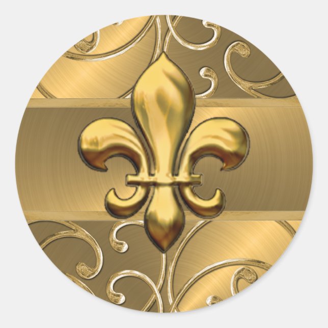 Pegatina Redonda Gold Filigree Swirls Fleur de Lis (Anverso)