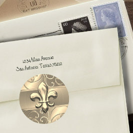 Pegatina Redonda Gold Filigree Swirls Fleur de Lis