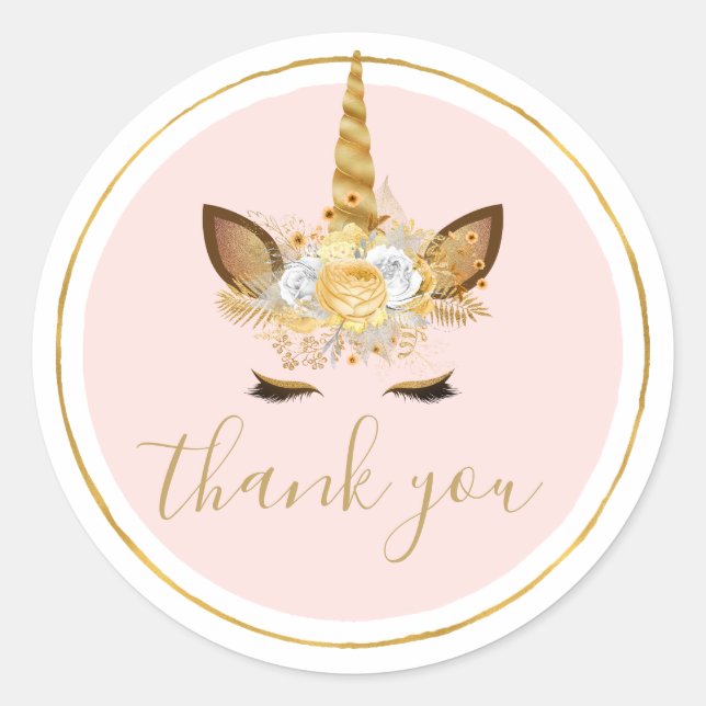 Pegatina Redonda Gold Floral Unicorn Gracias (Anverso)