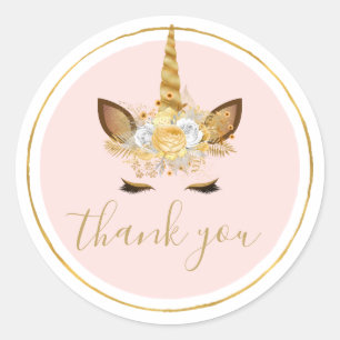 Pegatina Redonda Gold Floral Unicorn Gracias