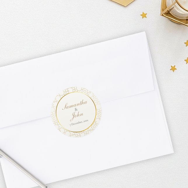 Pegatina Redonda Gold Geometric Wedding Envelope Seal Sticker (Gold & Ivory Geometric Art Deco Wedding Envelope Seal Sticker)