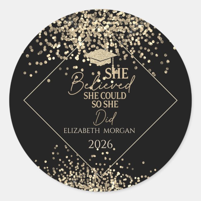 Pegatina Redonda Gold Glitter Grad Cap,Confetti She Believed (Anverso)