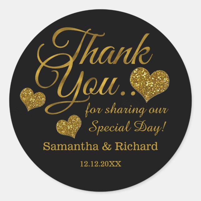 Pegatina Redonda Gold Glitter Heart Thank You Wedding Favor Black  (Anverso)