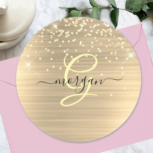 Pegatina Redonda Gold Glitter & Monogram, Black Script Name (Subido por el creador)