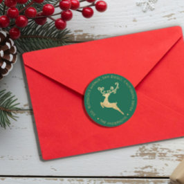 Pegatina Redonda Gold Glitter Reindeer Green Return Address Holiday