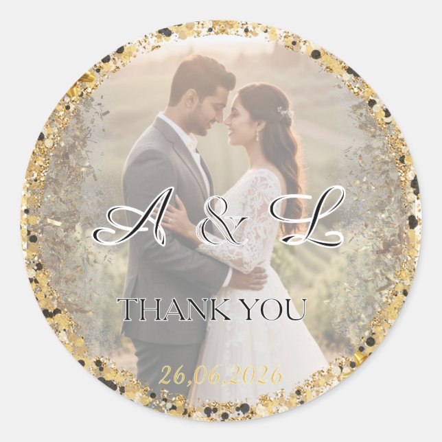 Pegatina Redonda Gold Glitter Wedding Photo A&L Favor (Anverso)