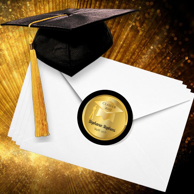 Pegatina Redonda Gold Graduation Cap on Gold Gradient | Black Seal (Subido por el creador)