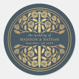 Pegatina Redonda Gold Gray Royal Medieval Sword Wedding 