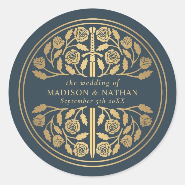 Pegatina Redonda Gold Gray Royal Medieval Sword Wedding  (Anverso)