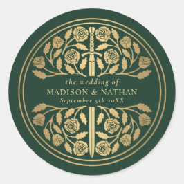 Pegatina Redonda Gold Green Royal Medieval Sword Wedding 