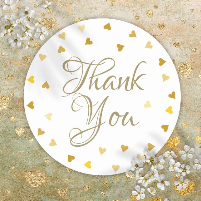 Pegatina Redonda Gold Hearts Confetti Elegant Script Gracias (Gold Hearts Confetti Elegant Script Thank You Classic Round Sticker)