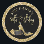 Pegatina Redonda Gold High Heels 50th Birthday Personalizado<br><div class="desc">Moda moderna Elegante Nacimiento Negro y Oro Sello para sobres personalizado o Etiquetas de Favor con Purpurina Faux Zapatos de tacón de oro amarillo Stiletto y nombre personalizado y año de cumpleaños en moderna moda y caprichosa caligrafía guión cursiva.</div>