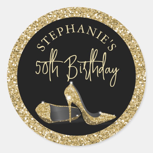 Pegatina Redonda Gold High Heels 50th Birthday Personalizado (Anverso)