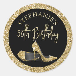 Pegatina Redonda Gold High Heels 50th Birthday Personalizado