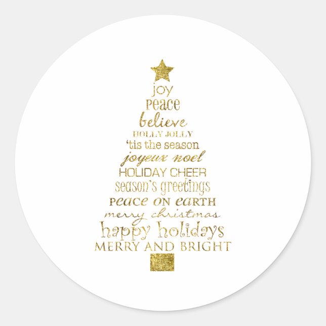 Pegatina Redonda Gold Inspirational Christmas Tree Peace Joy (Anverso)
