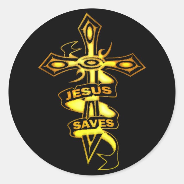 PEGATINA REDONDA GOLD JESUS SAVE CROSS (Anverso)