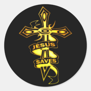 PEGATINA REDONDA GOLD JESUS SAVE CROSS