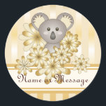 Pegatina Redonda Gold Koala Baby Shower / Kids Birthday Favor<br><div class="desc">El diseño del producto incluye un bebé koala rodeado de flores sobre un fondo de rayas de efecto dorado. ¡Este adorable personalizado animal hace pegatinas lindos y únicos con texto personalizado para cumpleaños de niños,  favores para bebés,  Navidades o cualquier otra ocasión especial!</div>