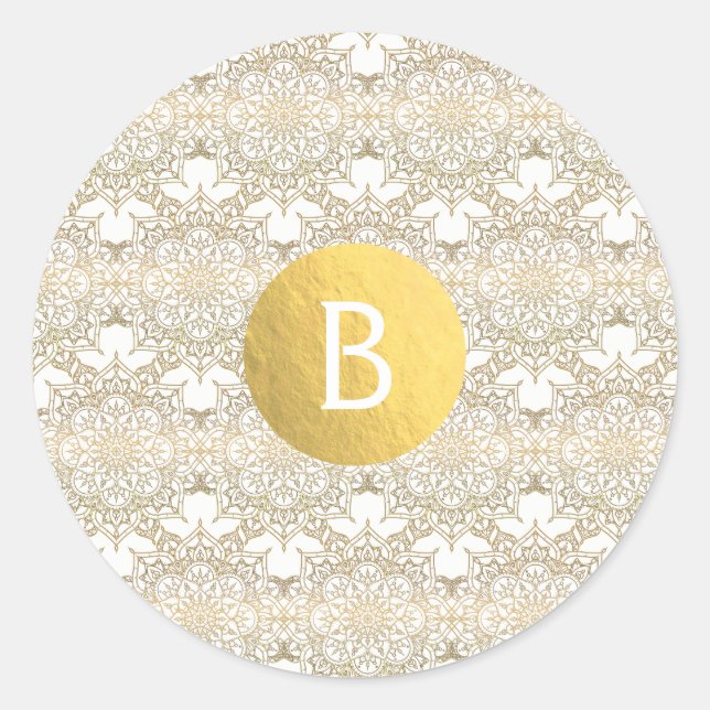 Pegatina Redonda Gold Mandala White Modern Elegant Wedding Favor (Anverso)