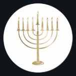 Pegatina Redonda Gold Menorah Holiday<br><div class="desc">Este pegatina presenta una menorah de color oro sobre un fondo blanco. Complemento perfecto para tus envíos de correo y regalos para añadir un poco de decoración.</div>
