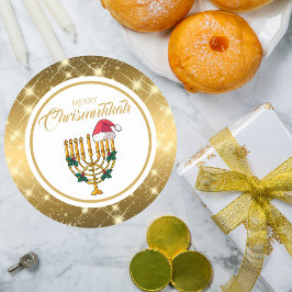 Pegatina Redonda Gold Menorah Jewish Hanukkah Merry Chrismukkah