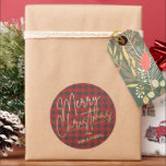 Pegatina Redonda Gold Merry Christmas Red Buffalo Plantado<br><div class="desc">Feliz Navidad con un falso guión de Relieve metalizado dorado y tus nombres con letras de moda,  estos pegatinas redondos de patrones de búfalos rojos y grises son elegantes para cualquier ocasión de vacaciones para Navidades.</div>