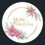 Pegatina Redonda Gold Merry Christmas Text con Poinsettias y Pine<br><div class="desc">Rocios de elegantes poinsettias y bayas a la acuarela con pino de invierno y vegetación con bandas de gradiente de oro ovalado y tipo de letra personalizado "Feliz Navidad" con chispas de oro.</div>