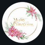 Pegatina Redonda Gold Merry Christmas Text con Poinsettias y Pine<br><div class="desc">Rocios de elegantes poinsettias y bayas a la acuarela con pino de invierno y vegetación con bandas de gradiente de oro ovalado y tipo de letra personalizado "Feliz Navidad" con chispas de oro.</div>