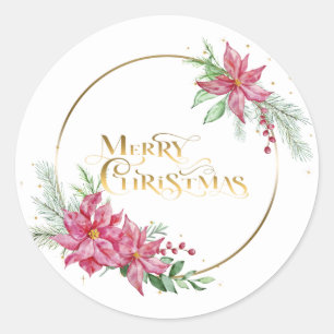 Pegatina Redonda Gold Merry Christmas Text con Poinsettias y Pine