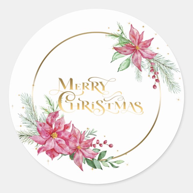 Pegatina Redonda Gold Merry Christmas Text con Poinsettias y Pine (Anverso)