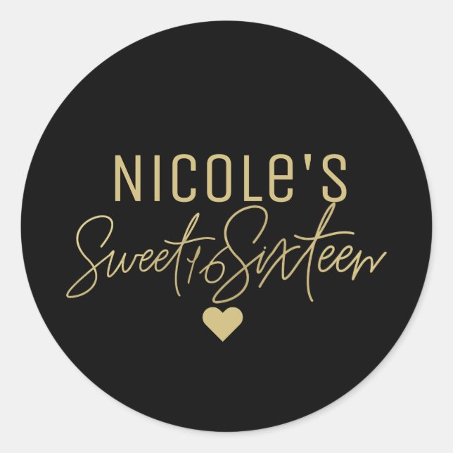 Pegatina Redonda Gold Modern Script SWEET 16 Cualquier Personalizad (Anverso)