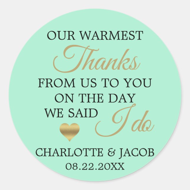 Pegatina Redonda GOLD Neo MINT Boda Heart Warmest Gracias (Anverso)