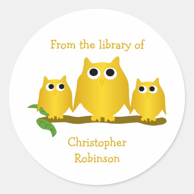 Pegatina Redonda Gold Owls Design Bookplate (Anverso)