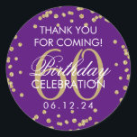 Pegatina Redonda Gold Purple 60th Birthday Gracias Confetti<br><div class="desc">Elegante patrón de la etiqueta de Purpurina de Faux de oro Confetti Purple,  cumpleaños número 60 "Gracias".</div>