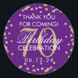 Pegatina Redonda Gold Purple 70th Birthday Gracias Purpurina<br><div class="desc">Elegante 70º cumpleaños "Gracias" Purpurina de Faux de Oro Confetti Purple etiqueta de favores.</div>