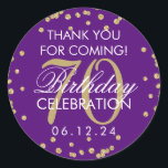 Pegatina Redonda Gold Purple 70th Birthday Gracias Purpurina<br><div class="desc">Elegante 70º cumpleaños "Gracias" Purpurina de Faux de Oro Confetti Purple etiqueta de favores.</div>