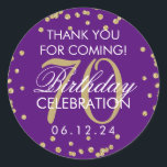 Pegatina Redonda Gold Purple 70th Birthday Gracias Purpurina<br><div class="desc">Elegante 70º cumpleaños "Gracias" Purpurina de Faux de Oro Confetti Purple etiqueta de favores.</div>