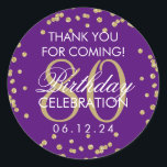 Pegatina Redonda Gold Purple 80th Birthday Gracias Purpurina<br><div class="desc">Elegante cumpleaños número 80 "Gracias" Purpurina Gold Faux Confetti Purple plantilla de la etiqueta de favores.</div>