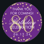 Pegatina Redonda Gold Purple 80th Birthday Gracias Purpurina<br><div class="desc">Elegante cumpleaños número 80 "Gracias" Purpurina Gold Faux Confetti Purple plantilla de la etiqueta de favores.</div>