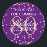 Pegatina Redonda Gold Purple 80th Birthday Gracias Purpurina<br><div class="desc">Elegante cumpleaños número 80 "Gracias" Purpurina Gold Faux Confetti Purple plantilla de la etiqueta de favores.</div>