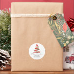 Pegatina Redonda Gold Red Ribbon Tree Name Merry Christmas<br><div class="desc">El nombre del árbol de cinta roja dorada Merry Christmas es un guión moderno estilo escritura a mano y una cinta como un ilustracion de árbol simplista para añadir un toque personal a tus regalos festivos y favores.</div>